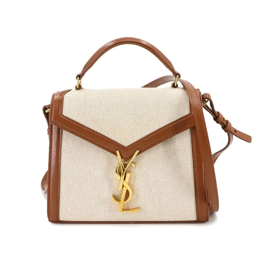 SAINT LAURENT CASSANDRA HANDLE MINI HAND SHOULDER BAG BEIGE: SAINT LAURENT Cassandra handle Mini Hand Shoulder Bag Beige Brand: Saint Laurent Type: Hand Bag / Shoulder Bag Material: Canvas , Leather Color: Beige , Brown Size: W 7.87 inch, H 6.30 inch, D 2.7