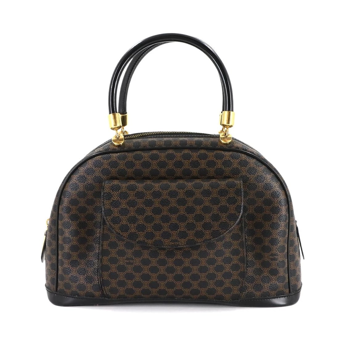 CELINE MACADAM HAND BAG PVC LEATHER BLACK BROWN PURSE: CELINE Macadam Hand Bag PVC Leather Black Brown Purse Brand: CELINE Type: Hand Bag Material: PVC , Leather Color: Black , Brown Size: W 12.40 inch, H 8.07 inch, D 4.33 inch Handle 14.2inch (36cm)