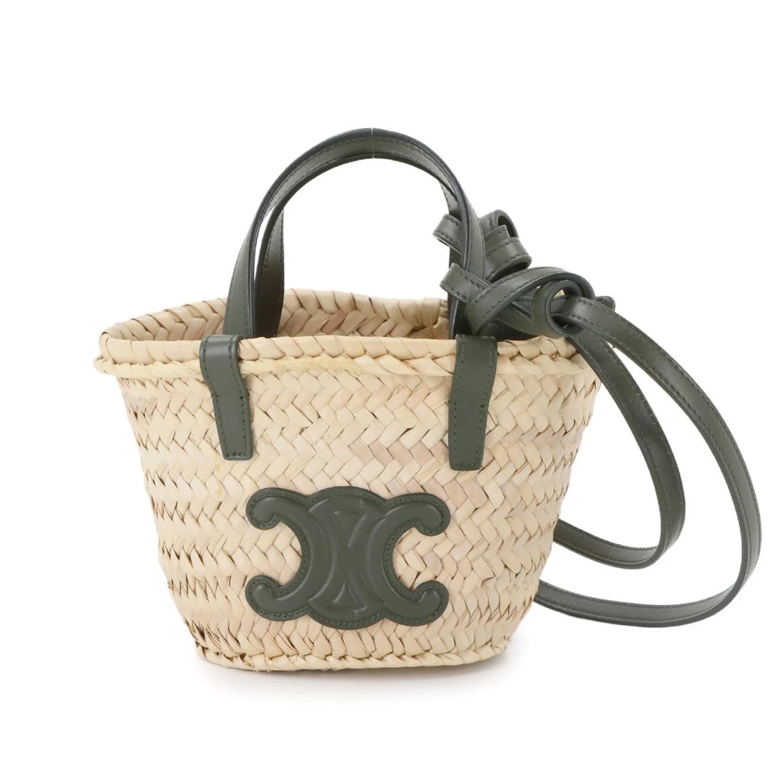 CELINE MINI TRIOMPHE HAND SHOULDER BAG NATURAL KHAKI: CELINE Mini Triomphe Hand Shoulder Bag Natural Khaki Brand: CELINE Type: Hand Bag / Shoulder Bag Material: Raffia , Leather Color: Natural , Khaki Size: W 4.92 inch, H 5.12 inch, D 3.54 inch Handl