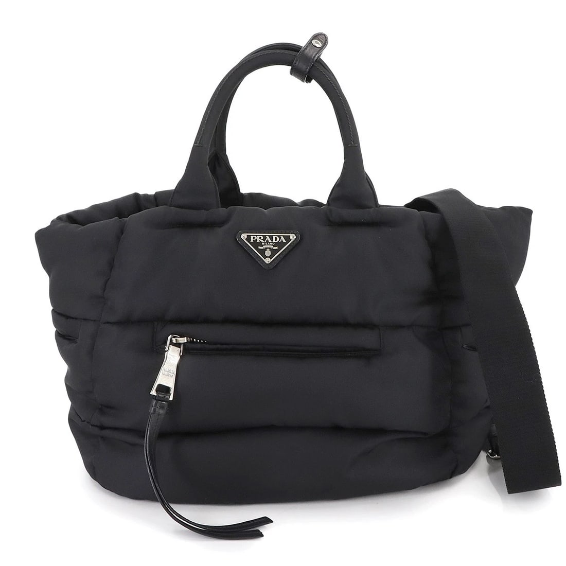 PRADA BOMBER 2WAY HAND SHOULDER BAG NYLON LEATHER NERO PURSE: PRADA Bomber 2way Hand Shoulder Bag Nylon Leather Nero Purse Brand: PRADA Type: Hand Bag / Shoulder Bag Material: Nylon , Leather Color: Nero Size: W 11.61 inch, H 9.84 inch, D 7.68 inch Handle 13