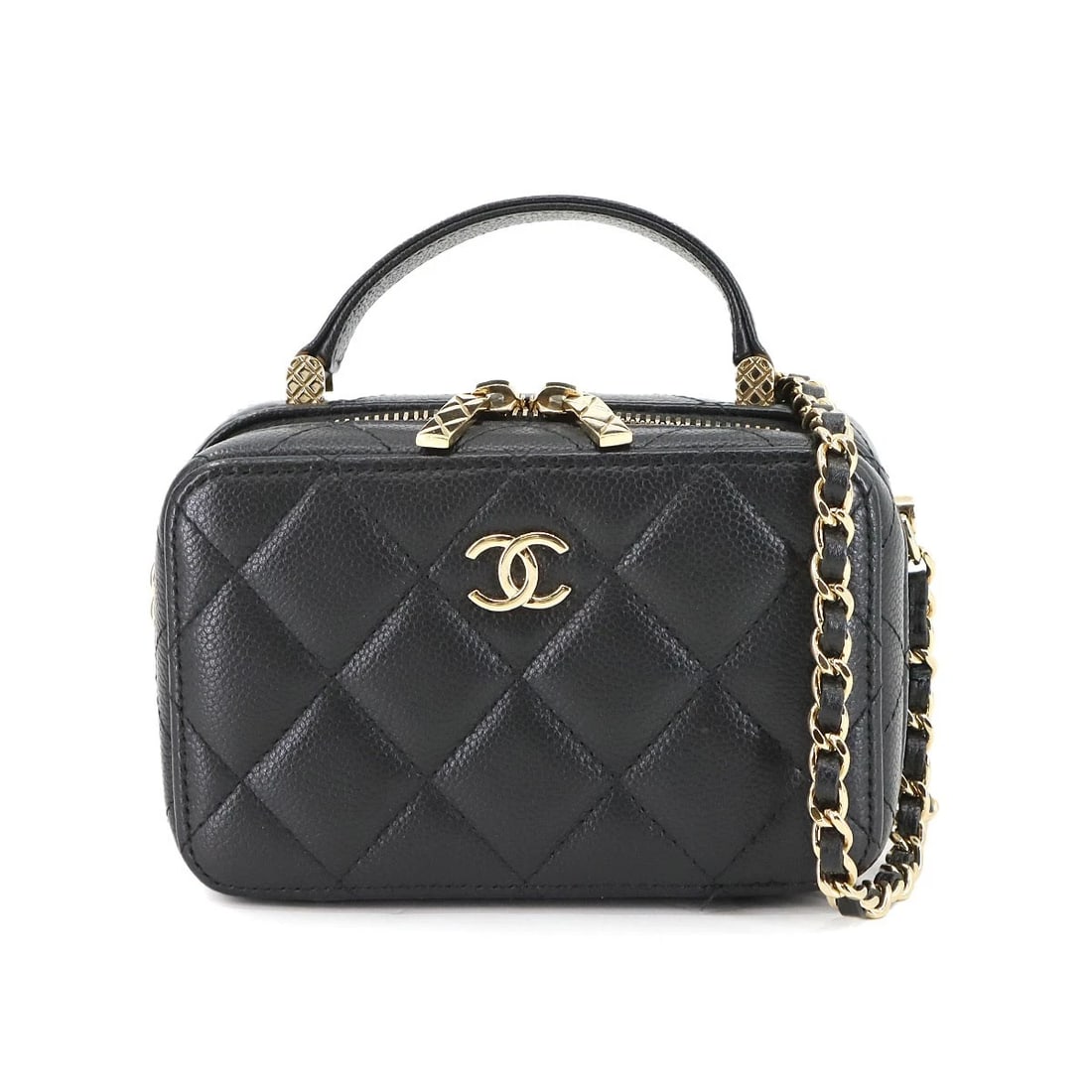 CHANEL MATELASSE MINI VANITY HAND SHOULDER BAG LEATHER BLACK: CHANEL Matelasse Mini Vanity Hand Shoulder Bag Leather Black Brand: CHANEL Type: Hand Bag / Shoulder Bag Material: Leather Color: Black Size: W 5.31 inch, H 3.35 inch, D 2.36 inch Handle 5.3inch (