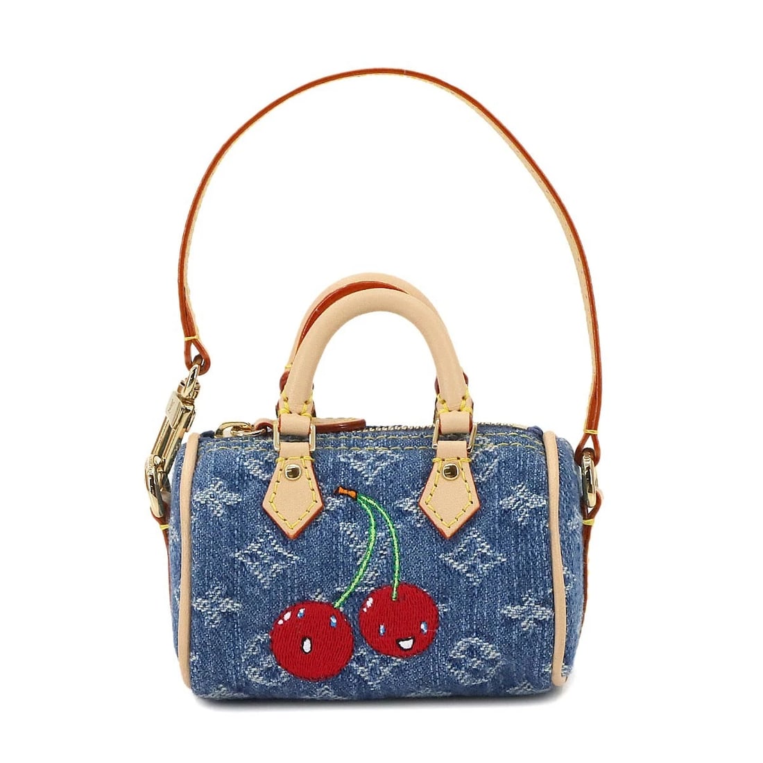 LOUIS VUITTON LV X TM BAG CHARM MICRO SPEEDY MONOGRAM CHERRY DENIM: LOUIS VUITTON LV x TM Bag Charm Micro Speedy Monogram Cherry Denim Brand: LOUIS VUITTON Type: Bag charm Material: Monogram denim Cherry Canvas Color: Denim Blue Size: Total Length: 5.3 inch Width(