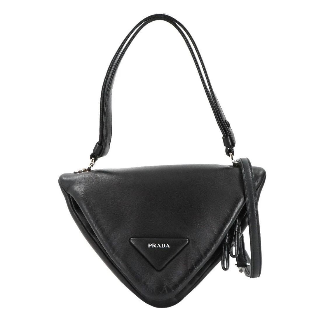 PRADA TRIANGLE HAND SHOULDER BAG LEATHER BLACK PURSE: PRADA Triangle Hand Shoulder Bag Leather Black Purse Brand: PRADA Type: Shoulder Bag / Hand Bag Material: Leather Color: Black Size: W 9.25 inch, H 6.30 inch, D 4.92 inch Shoulder 43.3inch to 47.2