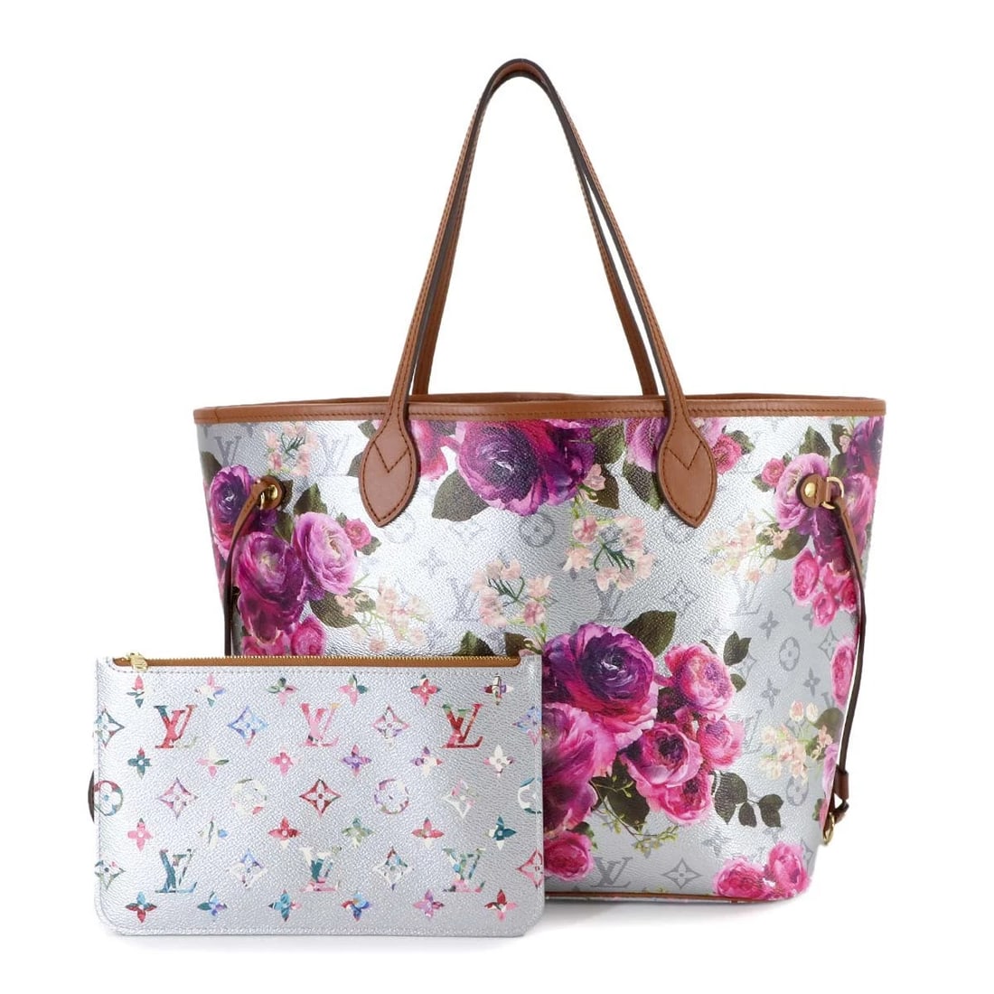 LOUIS VUITTON LV GARDEN NEVERFULL MM TOTE BAG SILVER PURSE: LOUIS VUITTON LV Garden Neverfull MM Tote Bag Silver Purse Brand: LOUIS VUITTON Type: Tote Bag Material: Monogram Floral Flower Canvas Color: Silver , Multicolor Size: W 12.60 inch, H 11.42 inch,