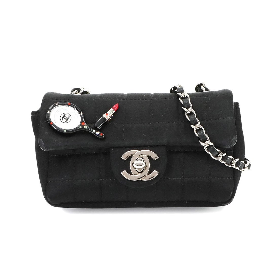 CHANEL CHOCOLATE BAR LIPSTICK MINI CHAIN SHOULDER BAG SATIN BLACK: CHANEL Chocolate bar Lipstick Mini Chain Shoulder Bag Satin Black Brand: CHANEL Type: Shoulder Bag Material: Satin Color: Black Size: W 5.12 inch, H 3.15 inch, D 1.57 inch Shoulder 19.2inch (123cm