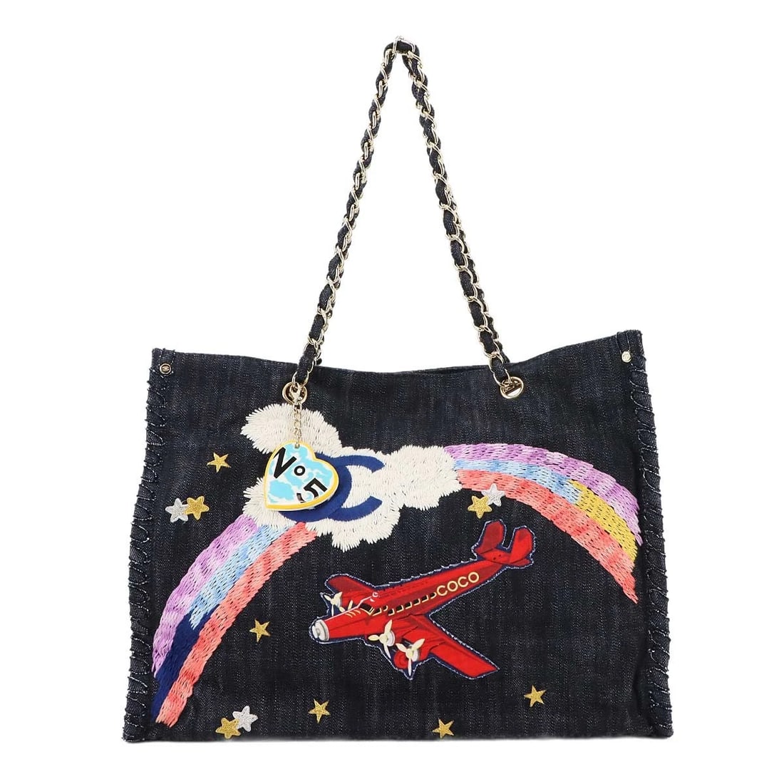 CHANEL NIGHT FLIGHT CHAIN TOTE BAG DENIM NAVY PURSE: CHANEL Night flight Chain Tote Bag Denim Navy Purse Brand: CHANEL Type: Tote Bag Material: Denim Color: Navy , Multicolor Size: W 15.94 inch, H 12.20 inch, D 5.71 inch Handle 20.9inch (53cm) Acce