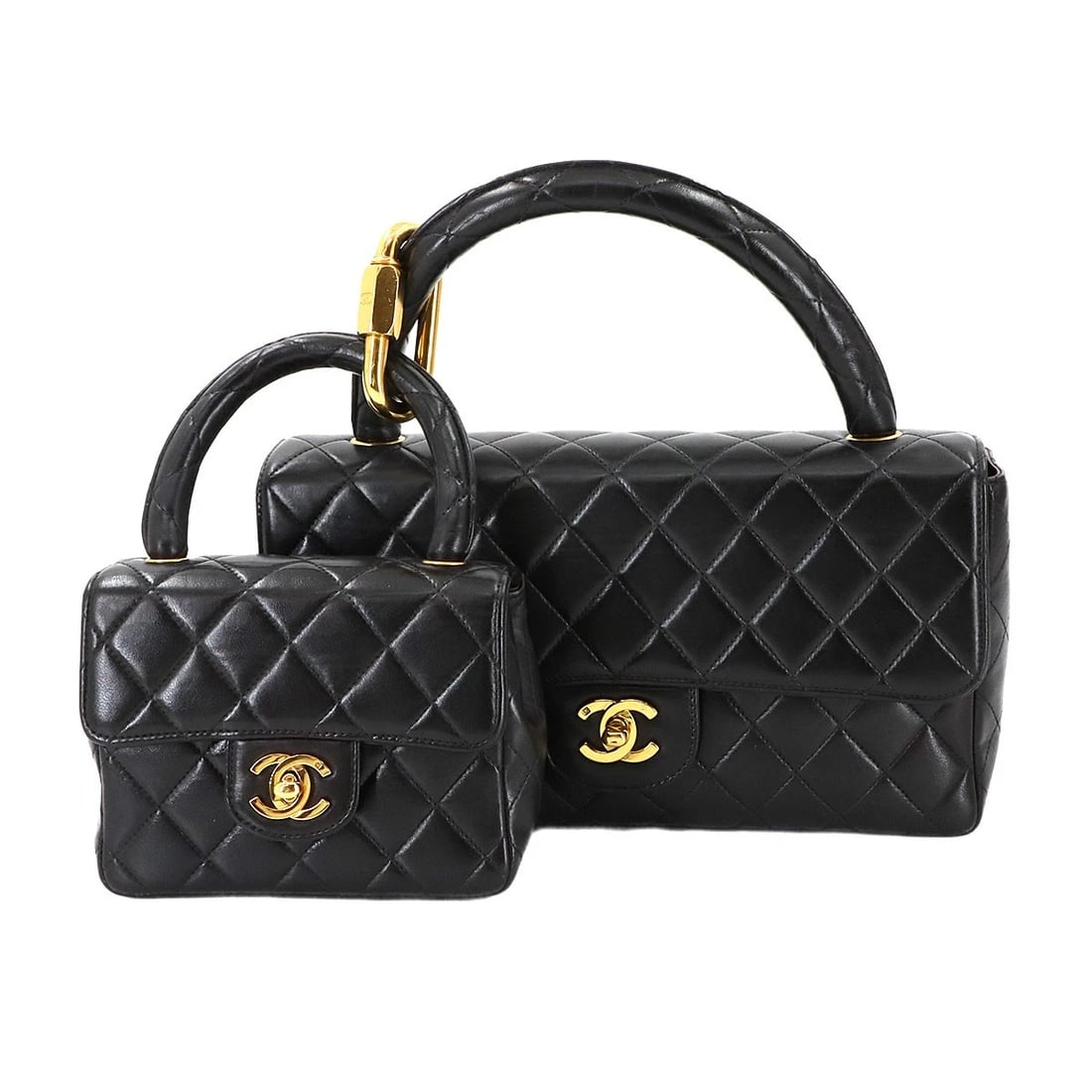 CHANEL PAIR MATELASSE HAND BAG LEATHER BLACK VINTAGE PURSE: CHANEL Pair Matelasse Hand Bag Leather Black Vintage Purse Brand: CHANEL Type: Hand Bag Material: Leather Color: Black Size: W 10.24 inch, H 5.51 inch, D 2.56 inch Handle 11.8inch (30cm) Accessor