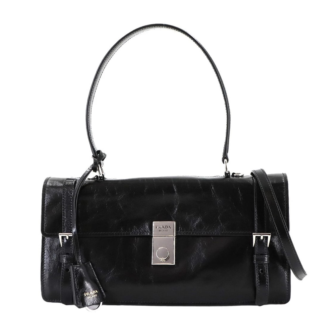 PRADA 2WAY HAND SHOULDER BAG LEATHER BLACK PURSE: PRADA 2way Hand Shoulder Bag Leather Black Purse Brand: PRADA Type: Hand Bag / Shoulder Bag Material: Leather Color: Black Size: W 12.40 inch, H 6.69 inch, D 3.94 inch Handle 18.9inch (48cm) Acce