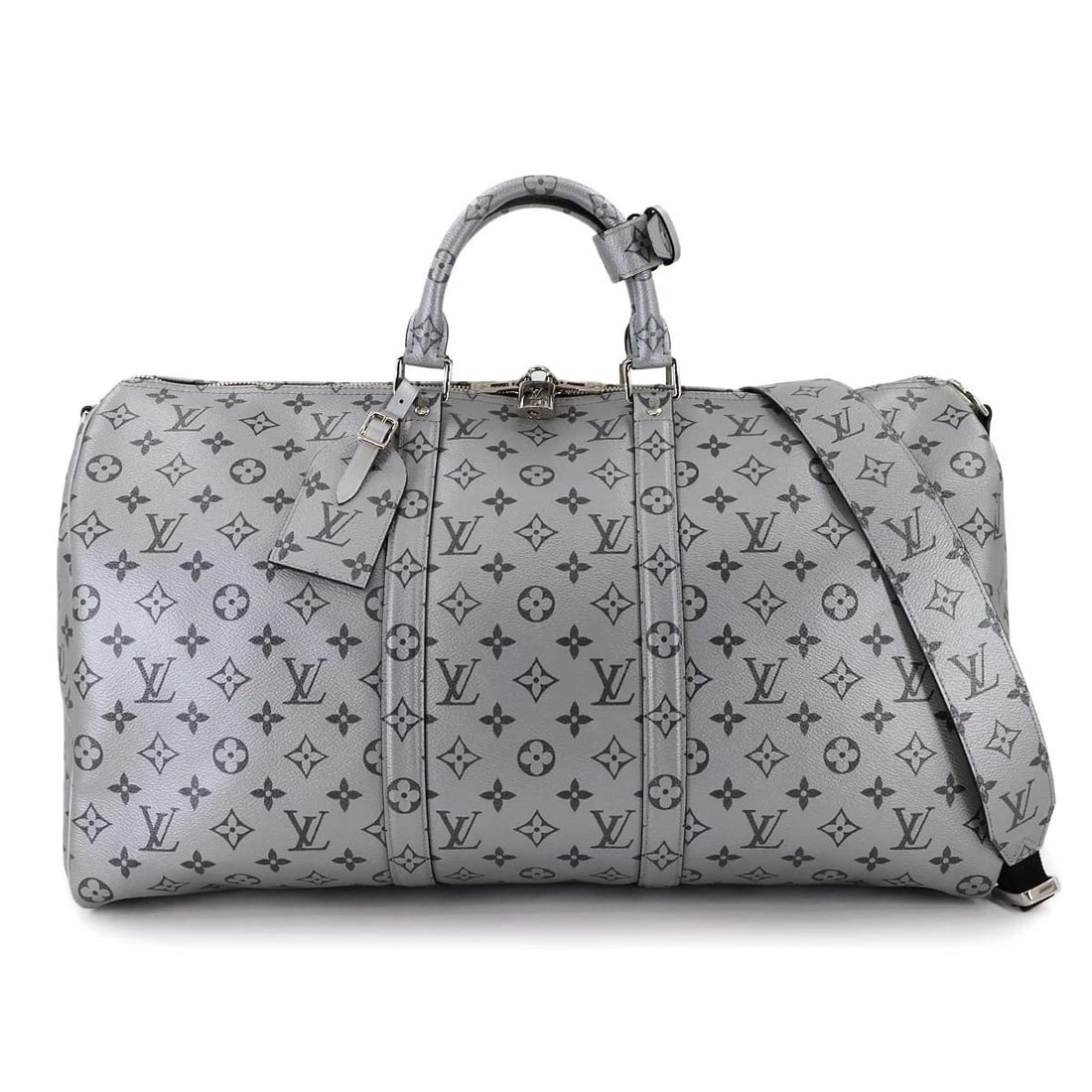 LOUIS VUITTON MONOGRAM SILVER KEEPALL BANDOULIERE 50 PURSE: LOUIS VUITTON Monogram Silver Keepall Bandouliere 50 Purse Brand: LOUIS VUITTON Type: Luggage / Shoulder Bag Material: Monogram Canvas Color: Metallic Silver Size: W 19.88 inch, H 11.61 inch, D 8.