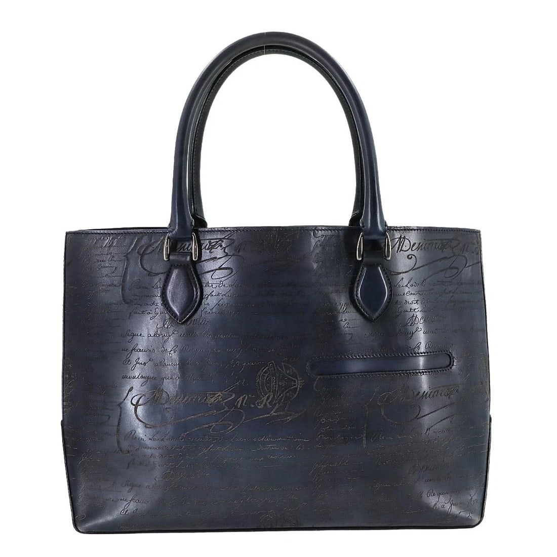 BERLUTI CALLIGRAPHY TOUJOURS TOTE BAG VENEZIA LEATHER NAVY PURSE: Berluti Calligraphy Toujours Tote Bag Venezia Leather Navy Purse Brand: Berluti Type: Tote Bag Material: Venezia Leather Color: Navy Size: W 15.75 inch, H 11.81 inch, D 5.12 inch Handle 20.1inch (