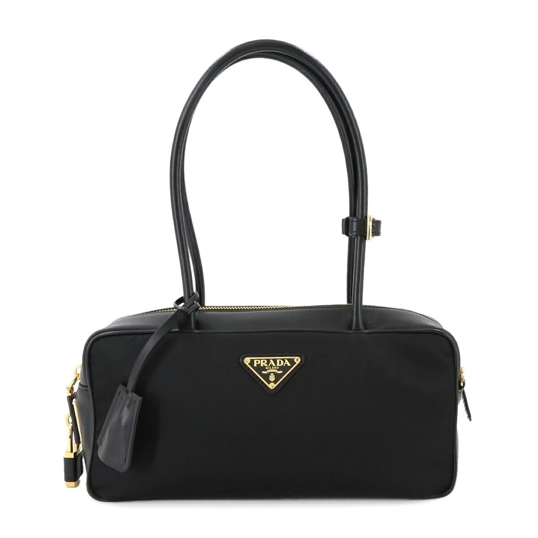 PRADA HAND BAG NYLON LEATHER BLACK PURSE: PRADA Hand Bag Nylon Leather Black Purse Brand: PRADA Type: Hand Bag Material: Nylon , Leather Color: Nero Size: W 11.02 inch, H 4.92 inch, D 3.15 inch Handle 18.9inch (48cm) Accessories: None