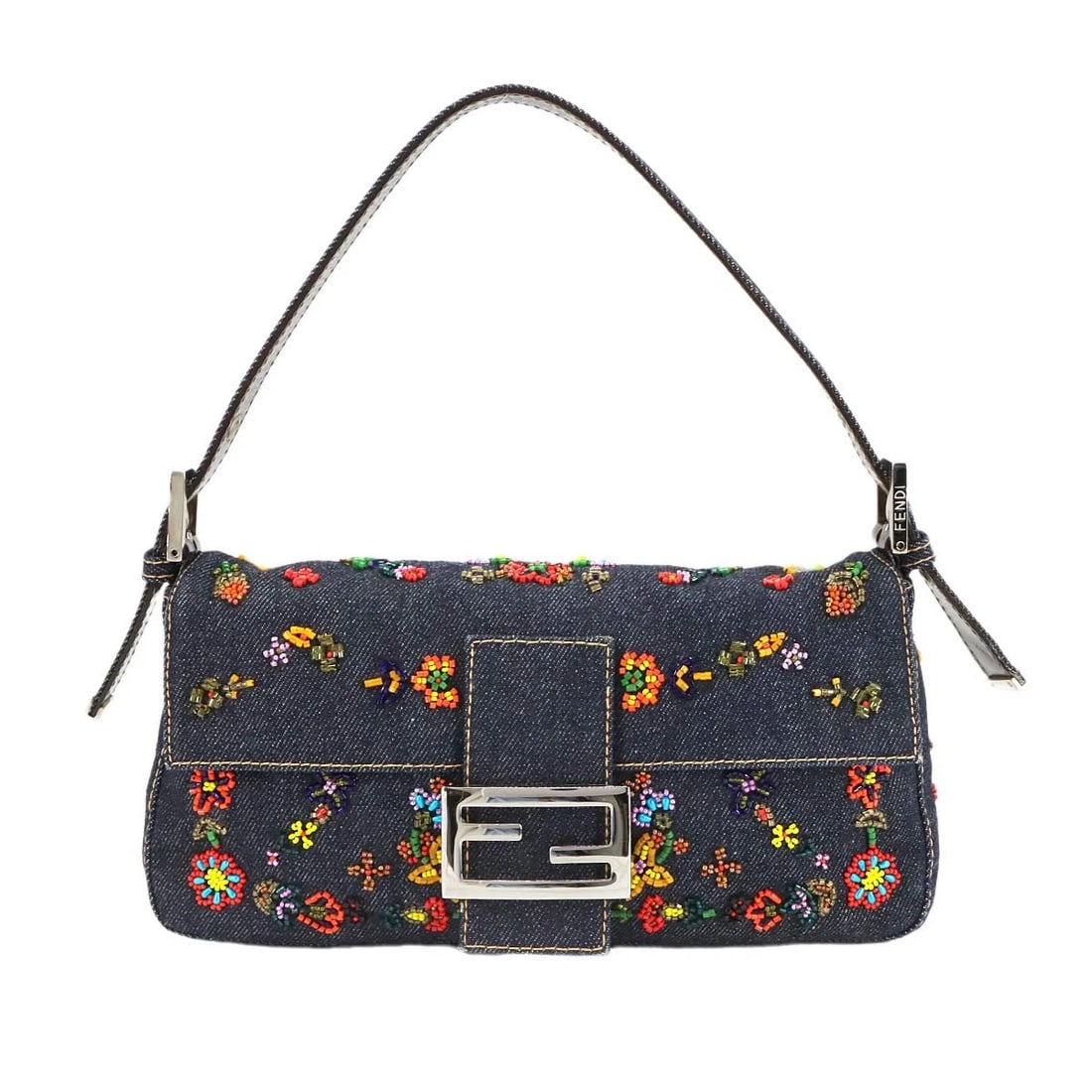 FENDI MAMMA BAGUETTE SHOULDER BAG DENIM NAVY BEADED: FENDI Mamma Baguette Shoulder Bag Denim Navy Beaded Brand: FENDI Type: Shoulder Bag Material: Denim Color: Navy , Multi color Size: W 10.24 inch, H 5.12 inch, D 1.57 inch Shoulder 13.4inch to 18.1