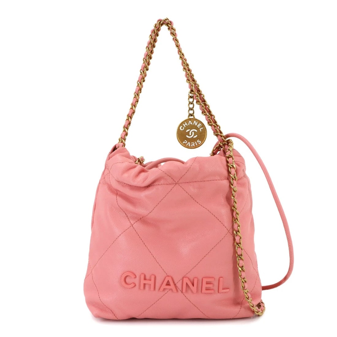CHANEL 22 MINI CHAIN HAND SHOULDER BAG LEATHER PINK: CHANEL 22 Mini Chain Hand Shoulder Bag Leather Pink Brand: CHANEL Type: Hand Bag / Shoulder Bag Material: Leather Color: Pink Size: W 6.69 inch, H 7.09 inch, D 2.56 inch Handle 9.4inch (24cm) Acc
