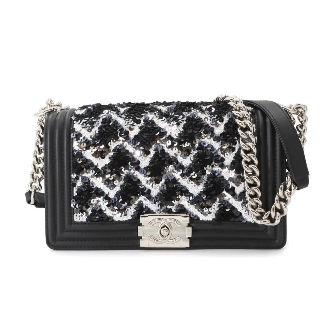 CHANEL CHANEL CHAIN SHOULDER BAG LEATHER SEQUINS BLACK: CHANEL CHANEL Chain Shoulder Bag Leather Sequins Black Brand: CHANEL Type: Shoulder Bag Material: Leather Color: Black Size: W 9.84 inch, H 5.71 inch, D 2.95 inch Shoulder 26inch to 41.7inch (66cm