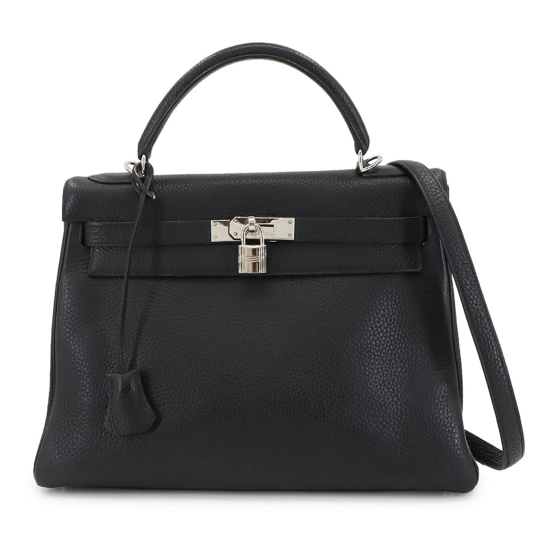 HERMES KELLY 32 TAURILLON CLEMENCE BLACK HAND SHOULDER BAG PURSE: HERMES Kelly 32 Taurillon Clemence Black Hand Shoulder Bag Purse Brand: HERMES Type: Hand Bag / Shoulder Bag Material: Taurillon Clemence Color: Black Size: W 12.40 inch, H 9.25 inch, D 4.72 inch