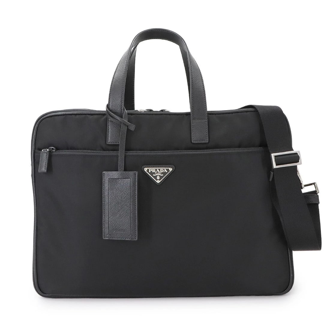 PRADA BRIEFCASE SHOULDER BAG NYLON SAFFIANO LEATHER BLACK: PRADA Briefcase Shoulder Bag Nylon Saffiano Leather Black Brand: PRADA Type: Business Bag / Shoulder Bag Material: Nylon , Saffiano Leather Color: Black Size: W 15.75 inch, H 11.42 inch, D 5.12 in