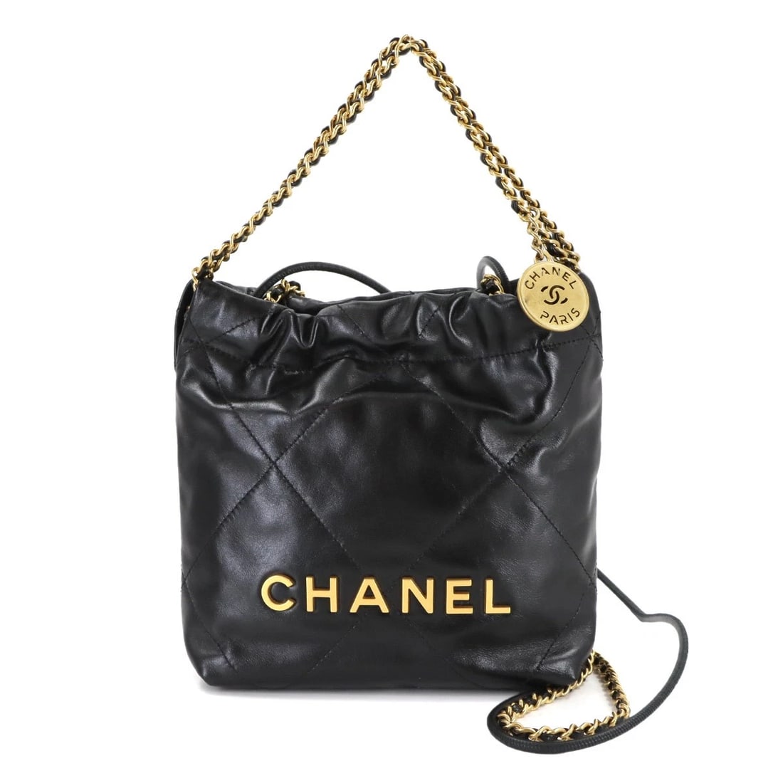 CHANEL 22 MINI CHAIN HAND SHOULDER BAG LEATHER BLACK PURSE: CHANEL 22 Mini Chain Hand Shoulder Bag Leather Black Purse Brand: CHANEL Type: Hand Bag / Shoulder Bag Material: Leather Color: Black Size: W 6.69 inch, H 7.28 inch, D 2.36 inch Handle 10.6inch (2