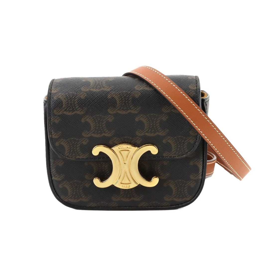 CELINE TRIOMPHE MINI CLAUDE SHOULDER BAG PVC LEATHER TAN: CELINE Triomphe Mini Claude Shoulder Bag PVC Leather Tan Brand: CELINE Type: Shoulder Bag Material: Triomphe canvas , Leather Color: Tan Size: W 4.53 inch, H 3.54 inch, D 1.57 inch Shoulder 37inch