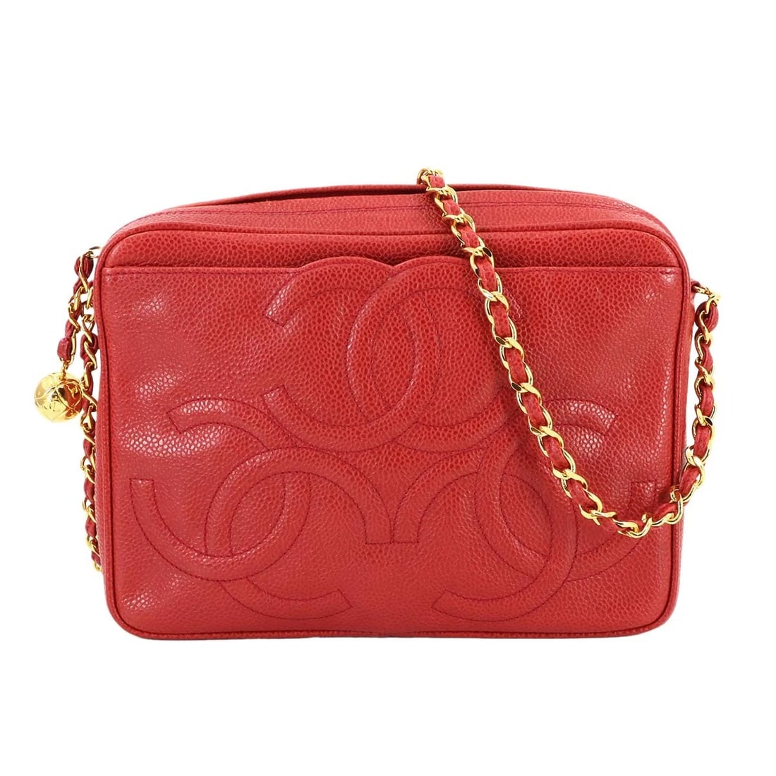 CHANEL TRIPLE COCO CHAIN SHOULDER BAG LEATHER RED VINTAGE: CHANEL Triple Coco Chain Shoulder Bag Leather Red Vintage Brand: CHANEL Type: Shoulder Bag Material: Caviar Skin Leather Color: Red Size: W 8.86 inch, H 6.50 inch, D 2.36 inch Shoulder 42.5inch (1
