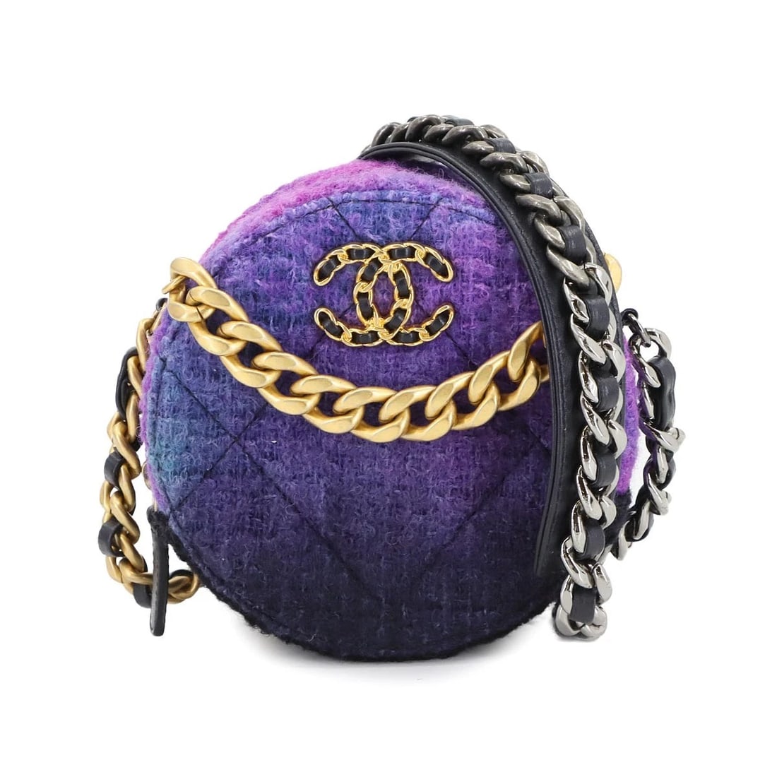 CHANEL 19 ROUND CLUTCH CHAIN SHOULDER BAG TWEED LEATHER PURPLE: CHANEL 19 Round Clutch Chain Shoulder Bag Tweed Leather Purple Brand: CHANEL Type: Shoulder Bag Material: Tweed , Leather Color: Purple Size: W 4.92 inch, H 4.92 inch, D 2.56 inch Handle 6.7inch (