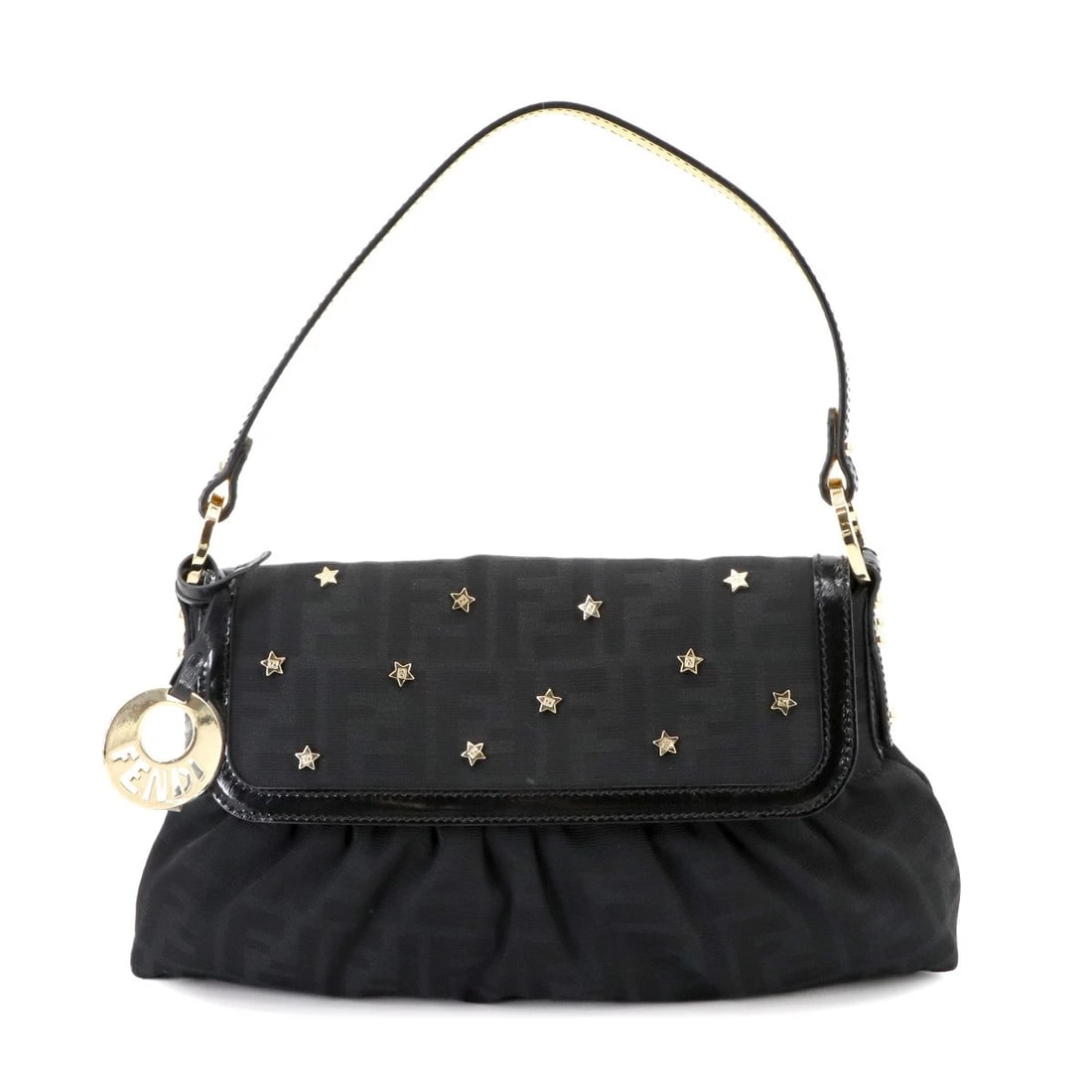 FENDI ZUCCA STAR STUDS HAND BAG CANVAS LEATHER BLACK GOLD: FENDI Zucca Star Studs Hand Bag Canvas Leather Black Gold Brand: FENDI Type: Hand Bag Material: Canvas , Leather Color: Black , Gold Size: W 12.60 inch, H 7.87 inch, D 1.97 inch Handle 17.7inch (4