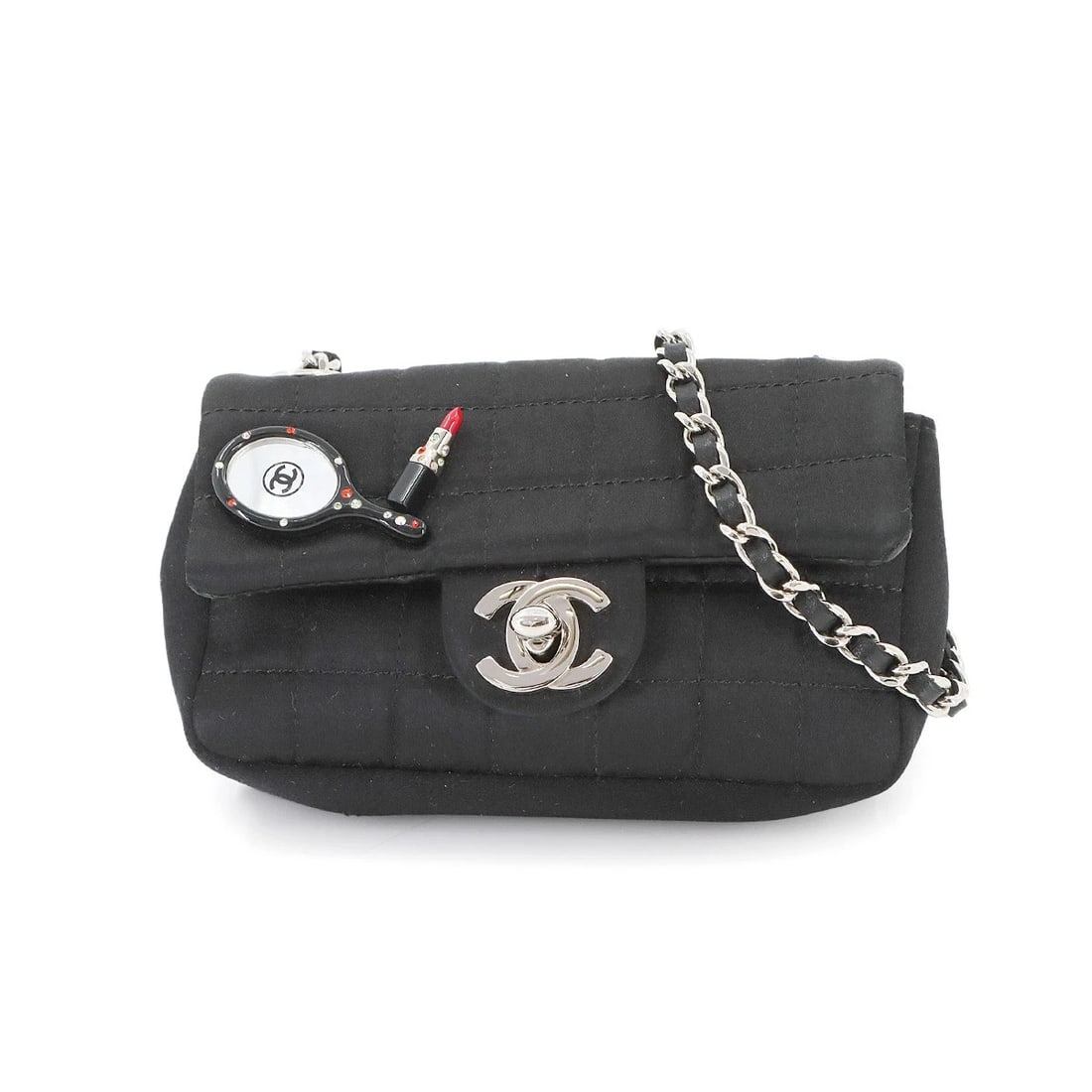 CHANEL CHOCOLATE BAR LIPSTICK MINI CHAIN SHOULDER BAG SATIN BLACK: CHANEL Chocolate bar Lipstick Mini Chain Shoulder Bag Satin Black Brand: CHANEL Type: Shoulder Bag Material: Satin Color: Black Size: W 5.12 inch, H 3.15 inch, D 1.57 inch Shoulder 19.2inch (123cm