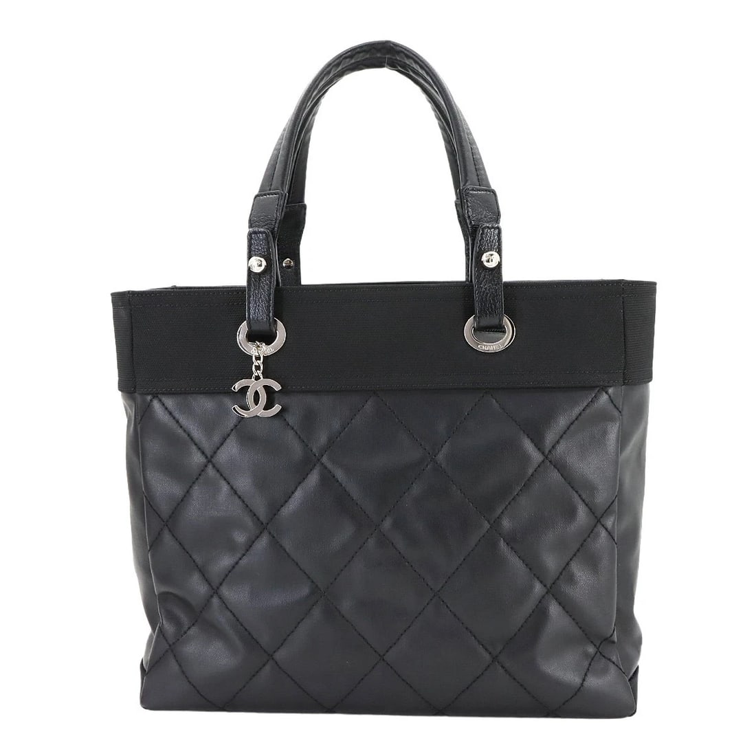 CHANEL PARIS BIARRITZ MM TOTE BAG PVC NYLON LEATHER BLACK: CHANEL Paris Biarritz MM Tote Bag PVC Nylon Leather Black Brand: CHANEL Type: Tote Bag Material: PVC , Nylon , Leather Color: Black Size: W 13.78 inch, H 11.81 inch, D 5.51 inch Handle 16.1inch (4