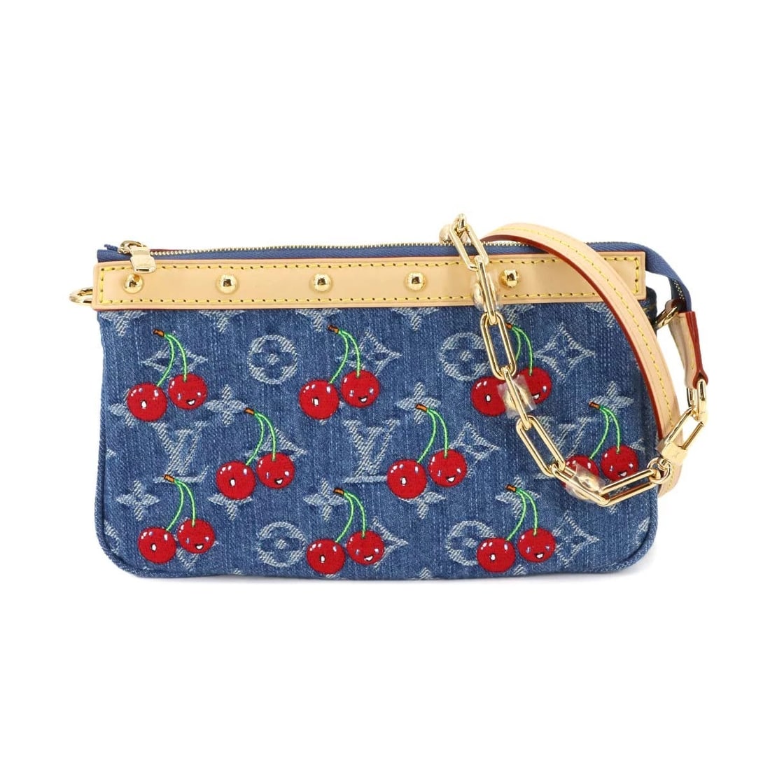LOUIS VUITTON POCHETTE HAND SHOULDER BAG DENIM: LOUIS VUITTON Pochette Hand Shoulder Bag Denim Brand: LOUIS VUITTON Type: Hand bag / Shoulder bag Material: Monogram cherry denim Color: Blue , Red Size: W 8.46 inch, H 5.12 inch, D 1.77 inch Hand
