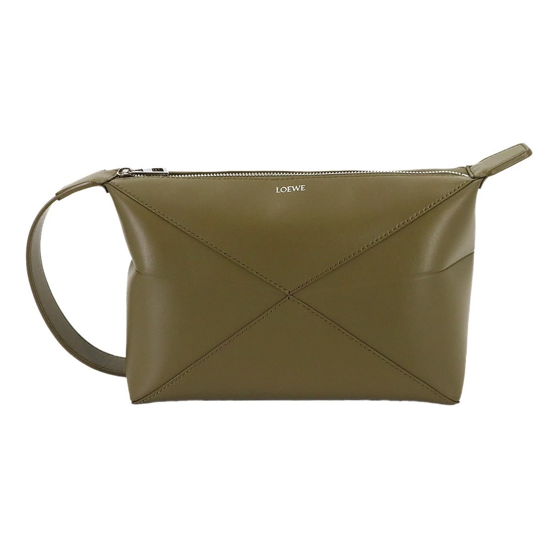 LOEWE FOLD WASH HAND CLUTCH BAG LEATHER OLIVE PURSE: LOEWE Fold Wash Hand Clutch Bag Leather Olive Purse Brand: LOEWE Type: Hand Bag Material: Leather Color: Olive Size: W 8.86 inch, H 6.30 inch, D 4.53 inch Handle 9.1inch (23cm) Accessories: None