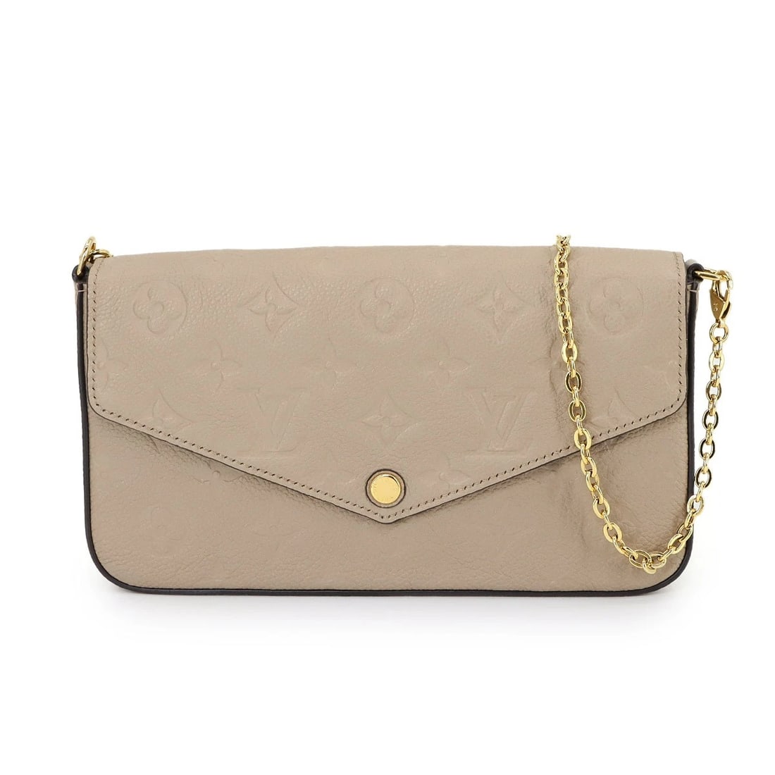 LOUIS VUITTON MONOGRAM EMPREINTE POCHETTE FELICE WALLET LEATHER: LOUIS VUITTON Monogram Empreinte Pochette Felice Wallet Leather Brand: LOUIS VUITTON Type: Chain Wallet Material: Monogram Empreinte Leather Color: Turtledove Size: W 8.46 inch, H 4.72 inch, D 1.1