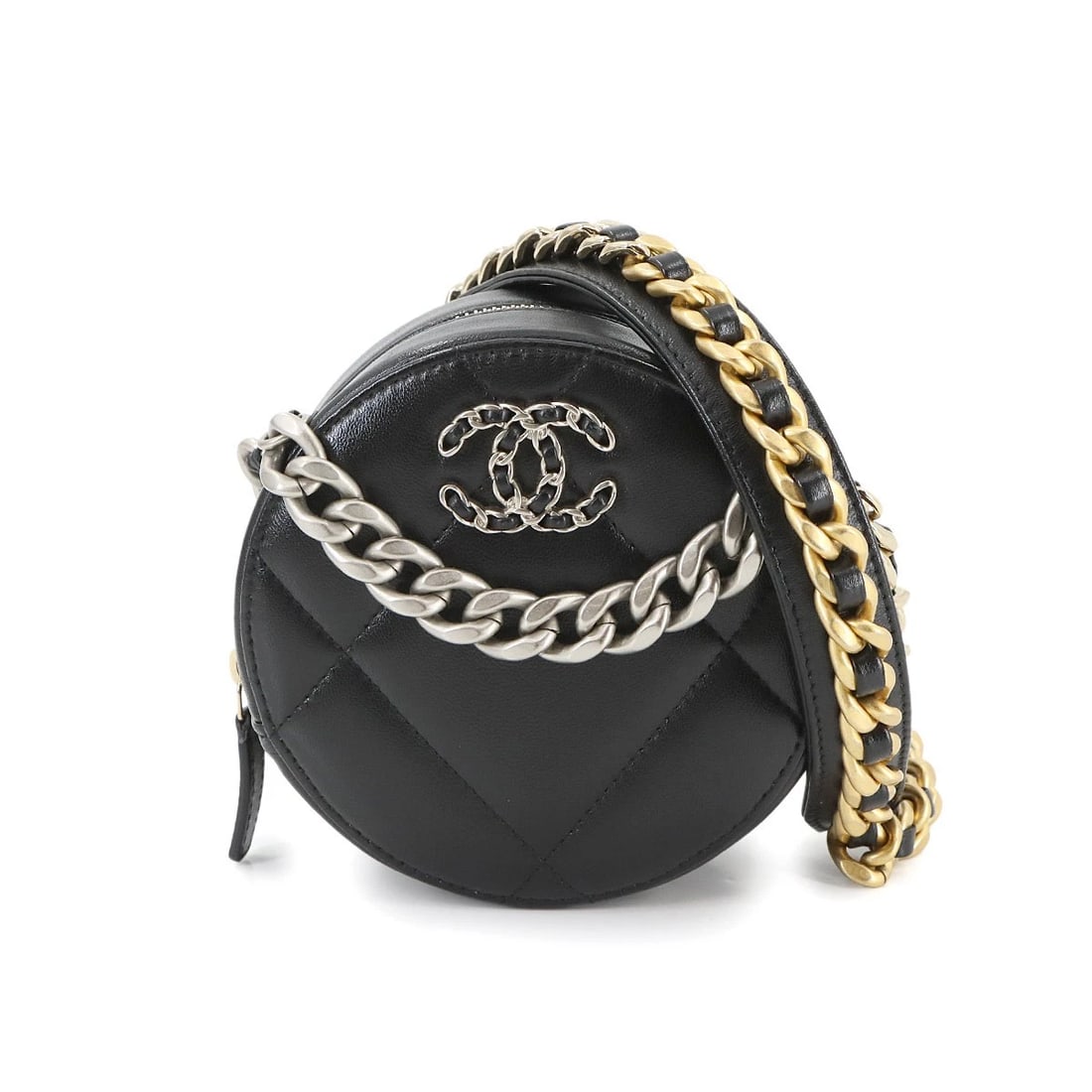 CHANEL 19 ROUND CLUTCH CHAIN SHOULDER BAG LEATHER BLACK PURSE: CHANEL 19 Round Clutch Chain Shoulder Bag Leather Black Purse Brand: CHANEL Type: Shoulder Bag Material: Leather Color: Black Size: W 4.92 inch, H 4.72 inch, D 2.36 inch Handle 6.3inch (16cm) Acc