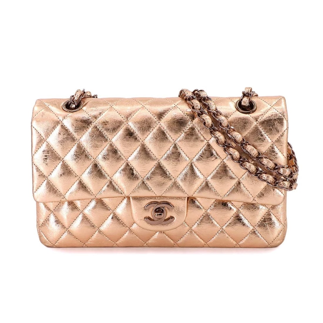 CHANEL MATELASSE 25 CHAIN SHOULDER BAG METALLIC PINK LIMITED EDITION: CHANEL Matelasse 25 Chain Shoulder Bag Metallic Pink Limited Edition Brand: CHANEL Type: Shoulder Bag Material: Leather Color: Metallic Pink Size: W 9.84 inch, H 5.91 inch, D 2.56 inch Shoulder 22