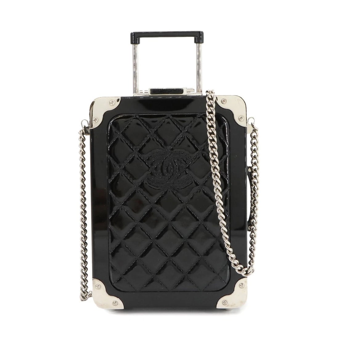 CHANEL EVENING IN CHAIN CLUTCH SHOULDER BAG: CHANEL Evening In Chain Clutch Shoulder Bag Brand: CHANEL Type: Shoulder Bag / Clutch Bag Material: Plastic , Leather Color: Black , Silver Size: W 4.53 inch, H 6.30 inch, D 1.77 inch Shoulder 53.