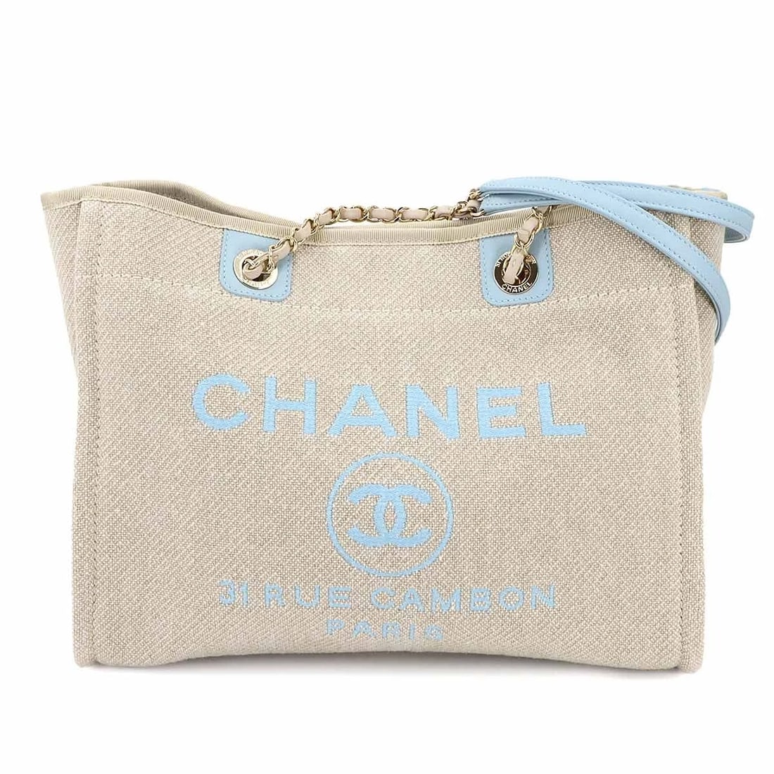 CHANEL DEAUVILLE MM CHAIN TOTE BAG CANVAS LEATHER BEIGE PURSE: CHANEL Deauville MM Chain Tote Bag Canvas Leather Beige Purse Brand: CHANEL Type: Tote Bag Material: Canvas , Leather Color: Beige , Blue Size: W 13.39 inch, H 10.04 inch, D 5.91 inch Handle 23.2i