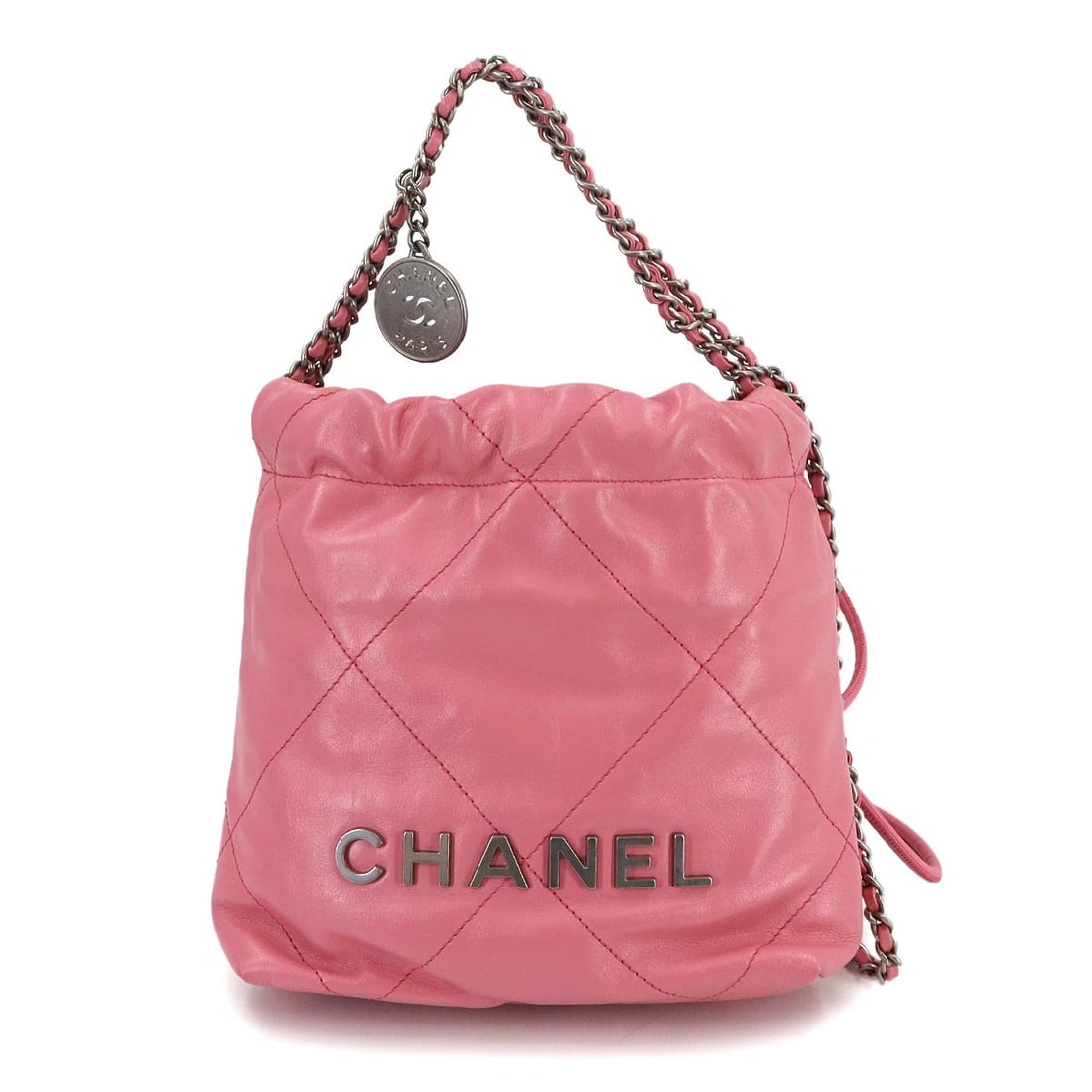 CHANEL 22 MINI CHAIN HAND SHOULDER BAG LEATHER PINK PURSE: CHANEL 22 Mini Chain Hand Shoulder Bag Leather Pink Purse Brand: CHANEL Type: Hand Bag / Shoulder Bag Material: Leather Color: Pink Size: W 6.69 inch, H 7.28 inch, D 2.56 inch Handle 9.4inch (24cm