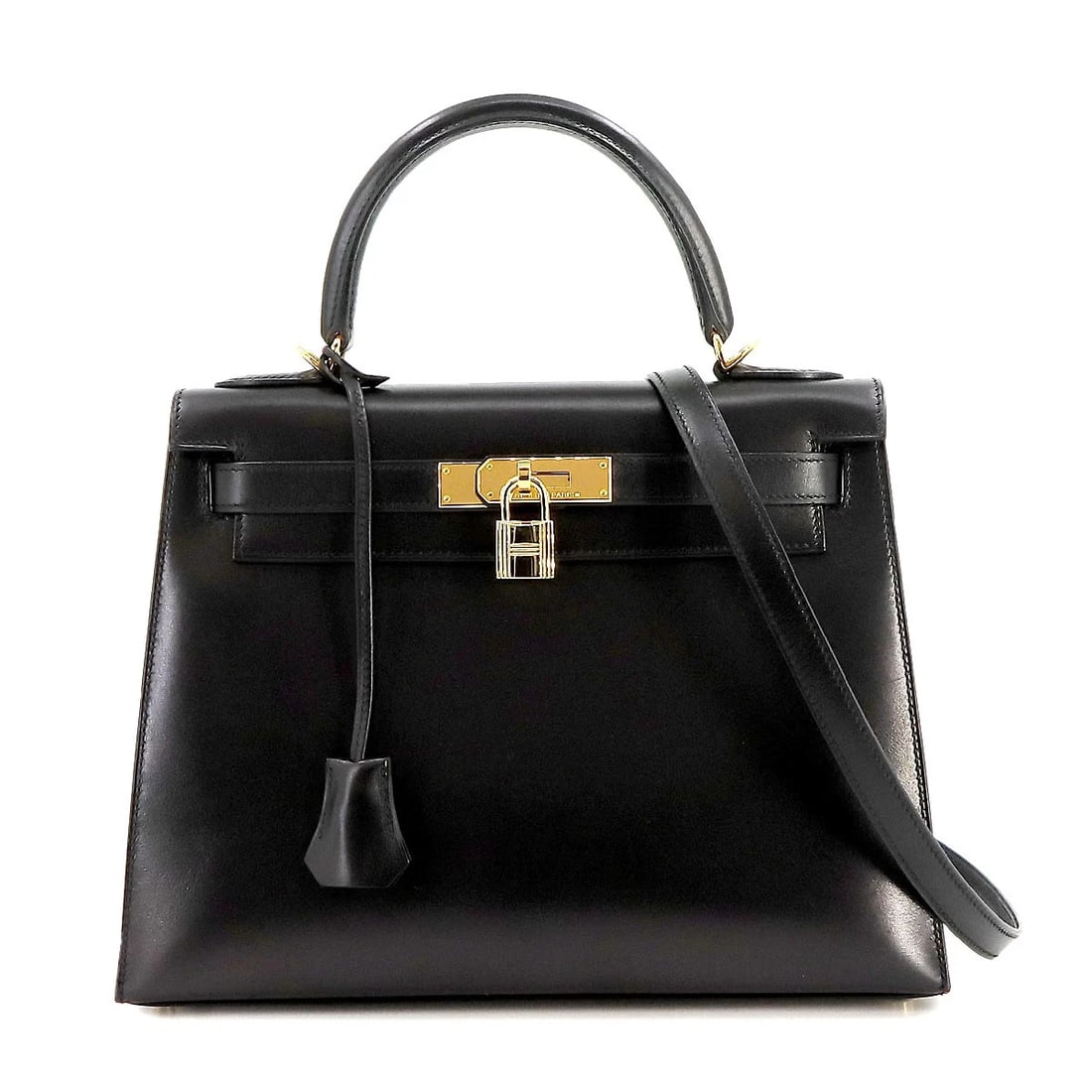 HERMES KELLY 28 2WAY HAND SHOULDER BAG BOX CALF LEATHER BLACK PURSE: HERMES Kelly 28 2way Hand Shoulder Bag Box Calf Leather Black Purse Brand: HERMES Type: Hand Bag / Shoulder Bag Material: Box Calf Color: Black Size: W 11.42 inch, H 8.27 inch, D 4.53 inch Handle
