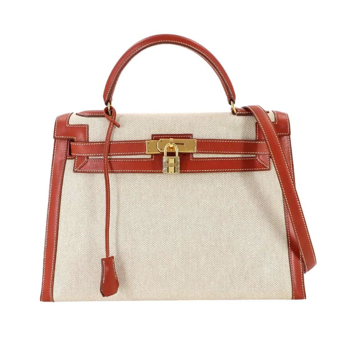HERMES KELLY 32 TOILE H SWIFT NATURAL BRIQUE 2WAY HAND SHOULDER BAG: HERMES Kelly 32 Toile H Swift Natural Brique 2way Hand Shoulder Bag Brand: HERMES Type: Hand Bag / Shoulder Bag Material: Toile H , Veau Swift Color: Natural , Brique Size: W 12.80 inch, H 8.66 in