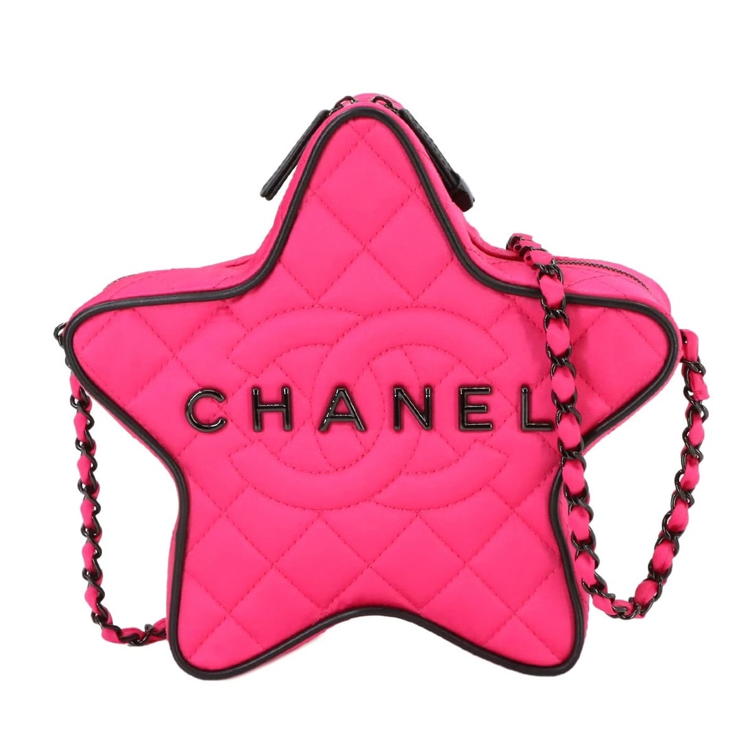 CHANEL MATELASSE STAR CHAIN SHOULDER BAG SATIN FUCHSIA BLACK: CHANEL Matelasse Star Chain Shoulder Bag Satin Fuchsia Black Brand: CHANEL Type: Shoulder Bag Material: Satin Color: Fuchsia , Black Size: W 8.66 inch, H 8.66 inch, D 2.36 inch Shoulder 47.2inch (