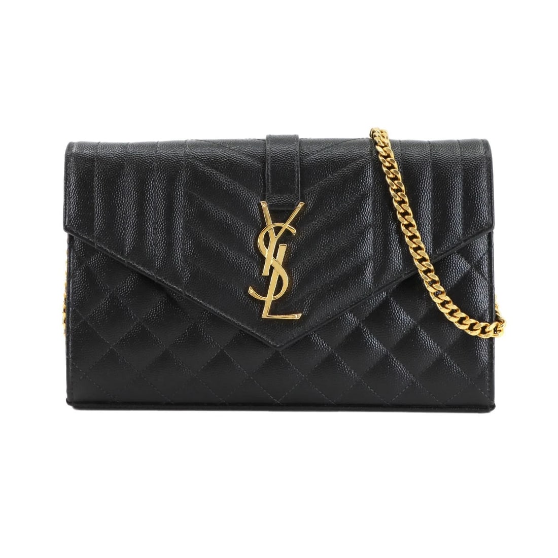 SAINT LAURENT CASSANDRE ENVELOPE CHAIN WALLET LEATHER: SAINT LAURENT Cassandre Envelope Chain Wallet Leather Brand: SAINT LAURENT Type: Chain Wallet Material: Leather Color: Black Size: W 8.86 inch, H 5.71 inch, D 1.38 inch Accessories: None A