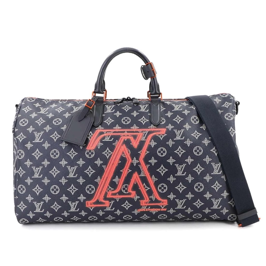 LOUIS VUITTON MONOGRAM INK UPSIDE DOWN KEEPALL BANDOULIERE 50: LOUIS VUITTON Monogram Ink Upside down Keepall Bandouliere 50 Brand: LOUIS VUITTON Type: Boston Bag Material: Monogram Ink Canvas Color: Navy , Pink Size: W 19.29 inch, H 11.02 inch, D 8.66 inch H