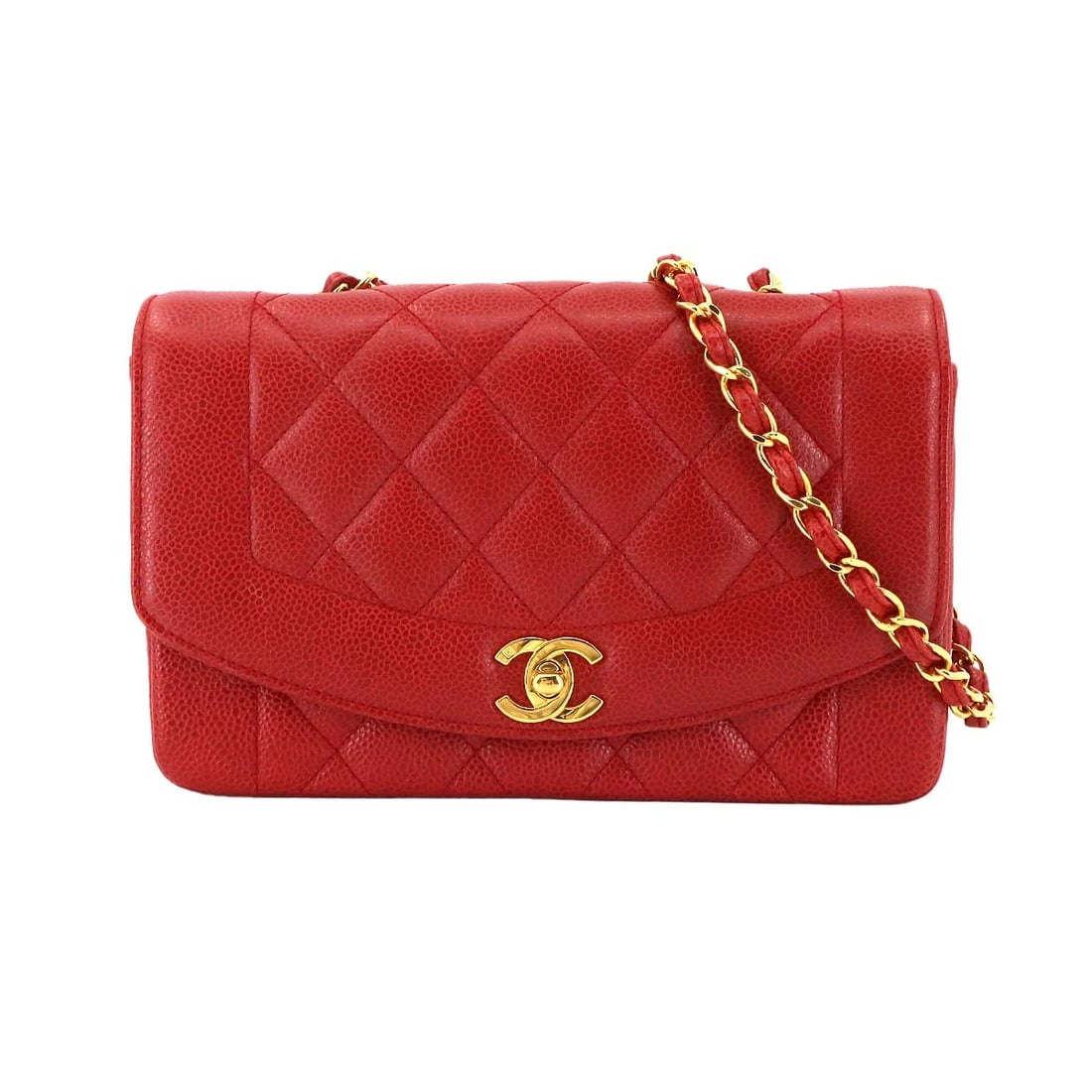 CHANEL DIANA MATELASSE 22 CHAIN SHOULDER BAG LEATHER VINTAGE: CHANEL Diana Matelasse 22 Chain Shoulder Bag Leather Vintage Brand: CHANEL Type: Shoulder Bag Material: Leather Color: Red Size: W 8.66 inch, H 5.31 inch, D 2.76 inch Shoulder 41.7inch (106cm)