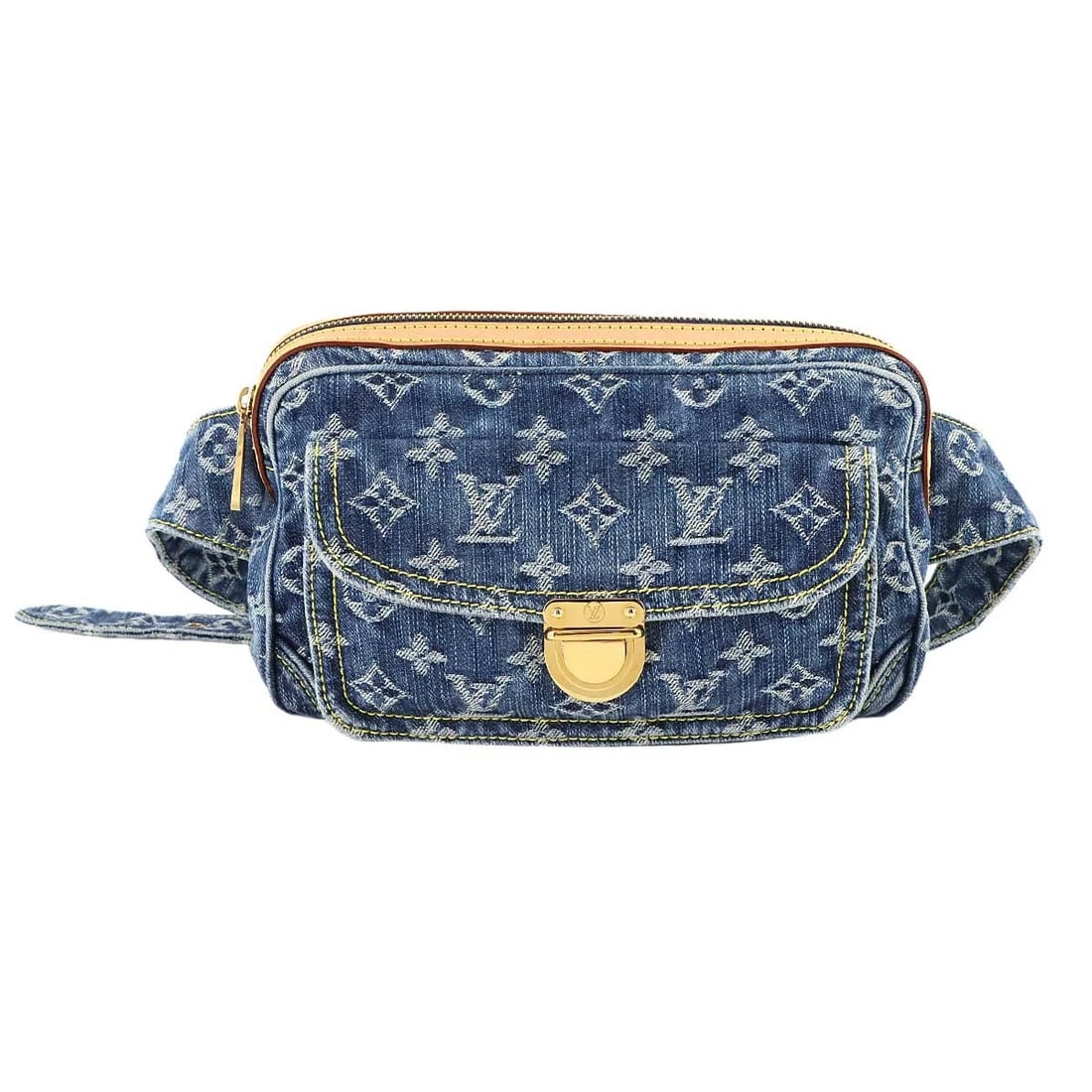 LOUIS VUITTON MONOGRAM DENIM BUM BAG WAIST POUCH: LOUIS VUITTON Monogram Denim Bum Bag Waist Pouch Brand: LOUIS VUITTON Type: Waist pouch Material: Monogram Denim Canvas Color: Blue Size: W 9.06 inch, H 6.10 inch, D 2.17 inch Shoulder 24.6inch to