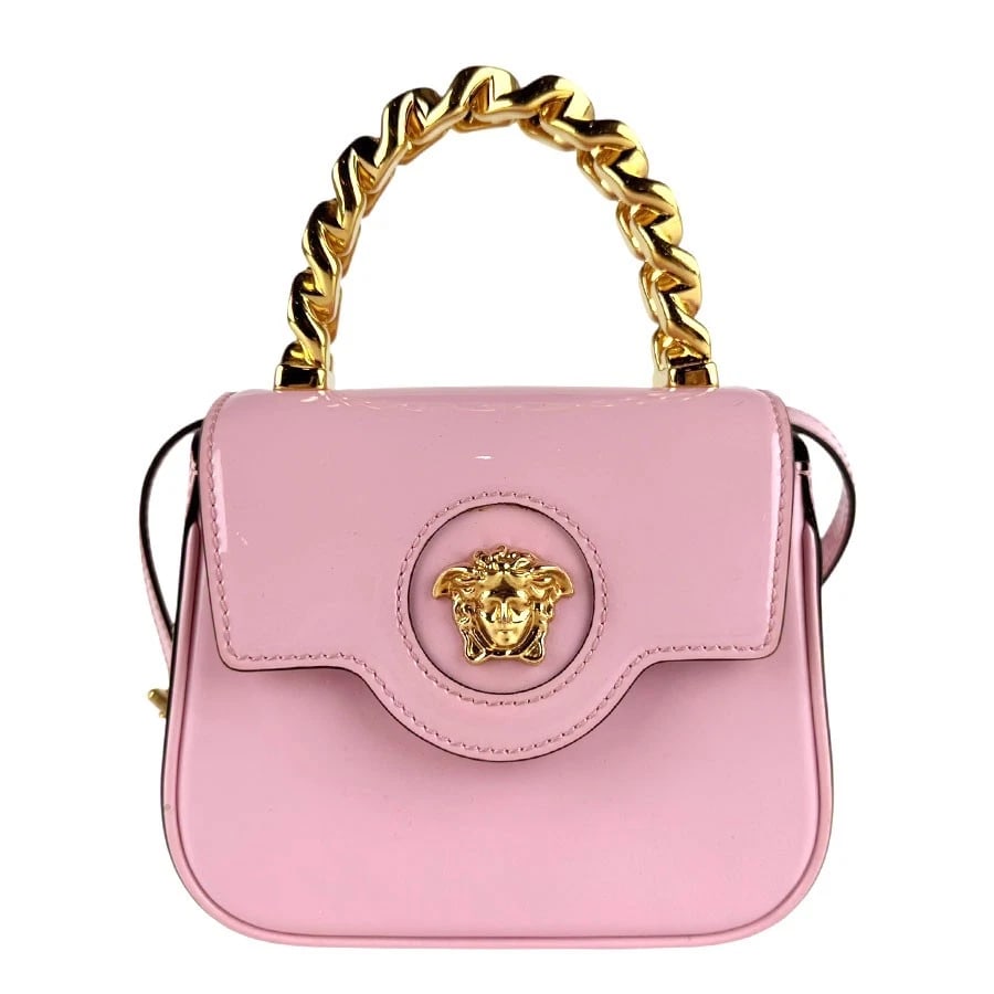 VERSACE MEDUSA HANDBAG SHOULDER BAG PINK/GOLD PATENT: VERSACE Medusa Handbag Shoulder Bag Pink/Gold Patent Brand: VERSACE Type: Handbag Material: Patent Leather x Metal Color: Pink X Gold Size: W:6.3inx H:5.5inx D:2.4in Handle Length:8.7in Shoulder L