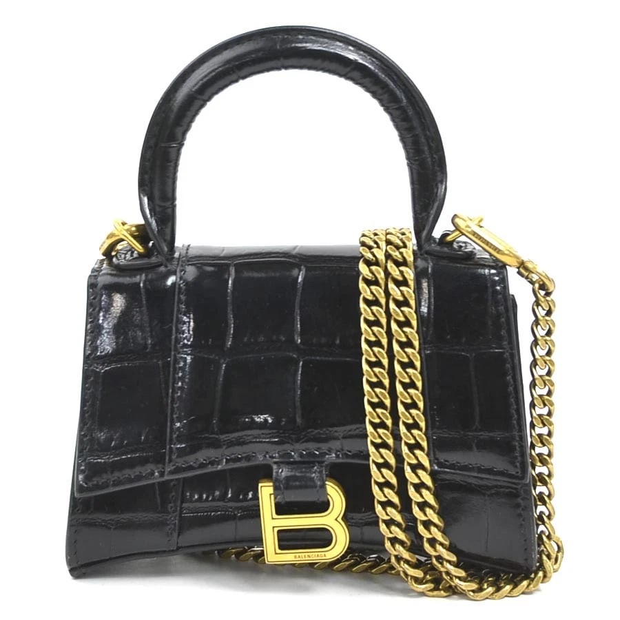 BALENCIAGA HOURGLASS MINI SHOULDER BAG BLACK: BALENCIAGA Hourglass Mini Shoulder Bag Black Brand: BALENCIAGA Type: Shoulder Bag Material: Embossed Leather Color: Black Size: W:11.5cmx H:8cmx D:4cm Handle Length:13cm Shoulder Length: 101cm Ac