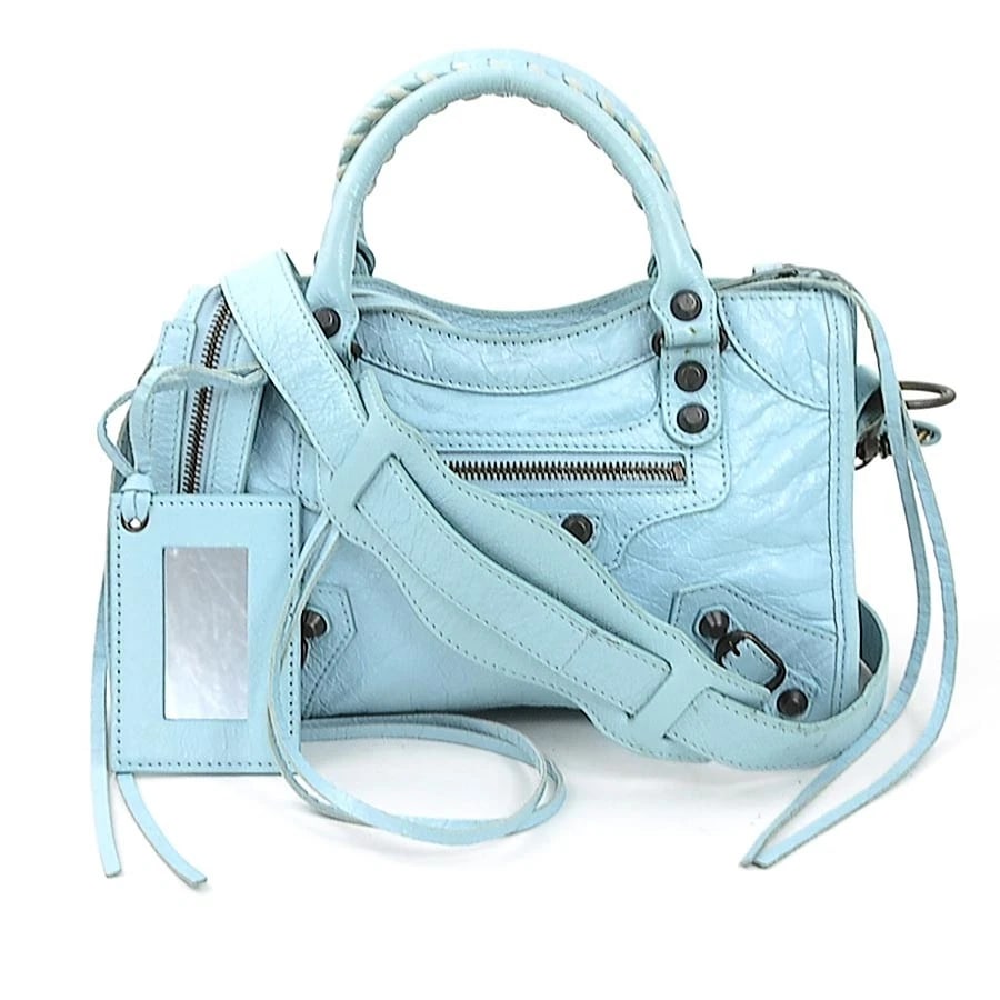 BALENCIAGA CLASSIC MINI CITY SHOULDER BAG HANDBAG: BALENCIAGA Classic Mini City Shoulder Bag Handbag Brand: BALENCIAGA Type: Shoulder Bag Material: Leather Color: Light Blue Size: W:9.4inx H:5.9inx D:3.1in Handle Length:8.5in Shoulder Length:?Max?