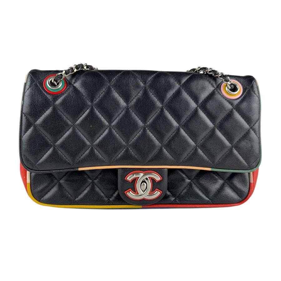 CHANEL MATELASSE CHAIN SHOULDER BAG: CHANEL Matelasse Chain Shoulder Bag Brand: CHANEL Type: Shoulder Bag Material: leather Color: Black X Multicolor Size: W:9.8inx H:6.3inx D:2.4in Shoulder Length: 55.1in Accessories: None A