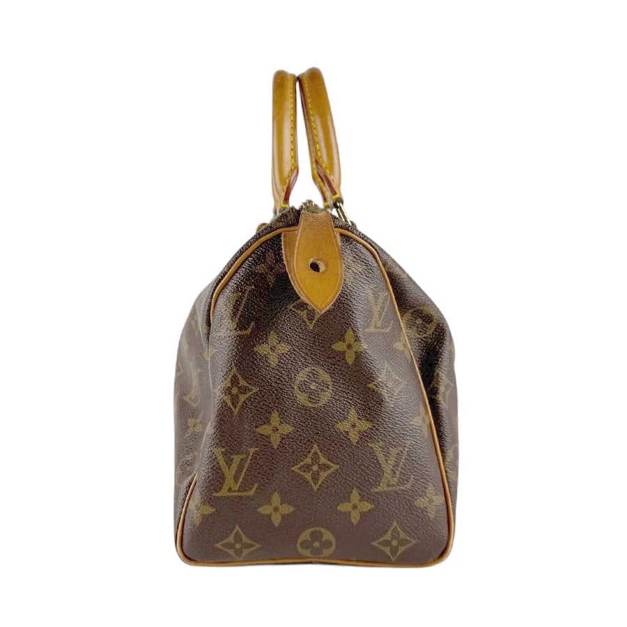 LOUIS VUITTON MONOGRAM SPEEDY 25 HANDBAG: LOUIS VUITTON Monogram Speedy 25 Handbag Brand: LOUIS VUITTON Type: Handbag Material: Monogram Canvas Color: Brown Size: W:10.2inx H:8.7inx D:5.5in Handle Length:11.4in Accessories: None A