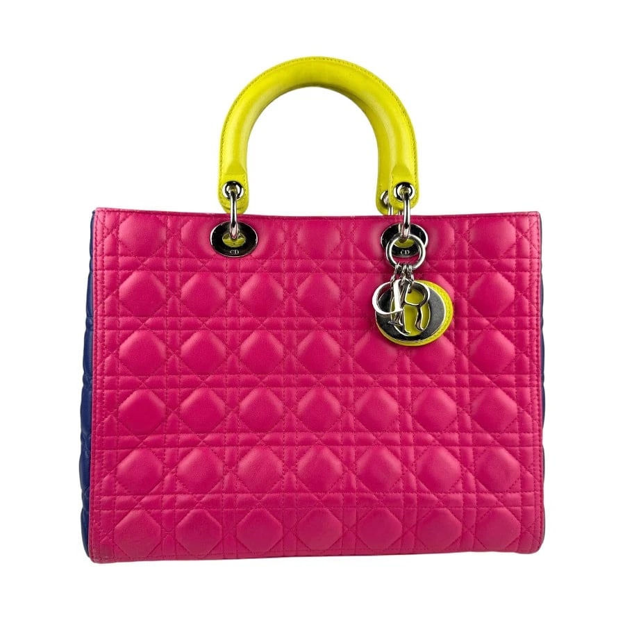CHRISTIAN DIOR DIOR HANDBAG SHOULDER BAG: Christian Dior Dior Handbag Shoulder Bag Brand: Christian Dior Type: Handbag Material: lambskin Color: Blue X Pink X Yellow Size: W:12.6inx H:10.2inx D:3.5in Handle Length:12.6in Shoulder Length:
