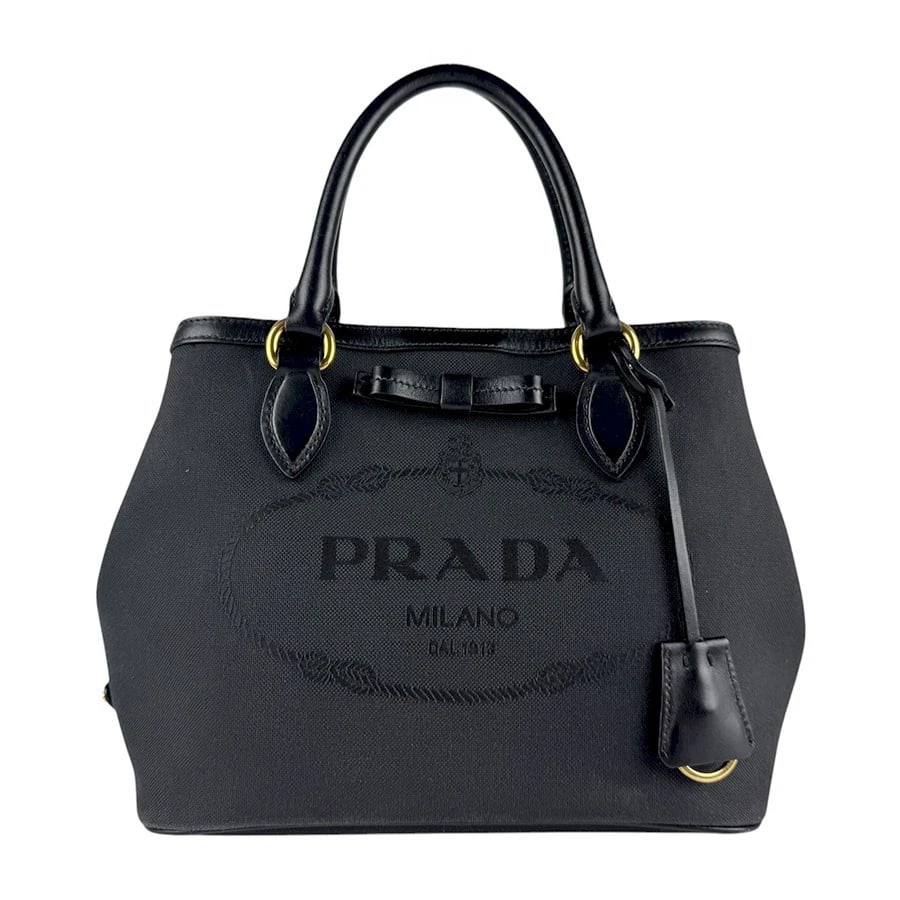 PRADA JACQUARD LOGO HANDBAG SHOULDER BAG: PRADA Jacquard Logo Handbag Shoulder Bag Brand: PRADA Type: Handbag Material: canvas Color: Black Size: W:9.8inx H:7.9inx D:5.9in Handle Length:13.0in Shoulder Length: 41.3in Accessories: None