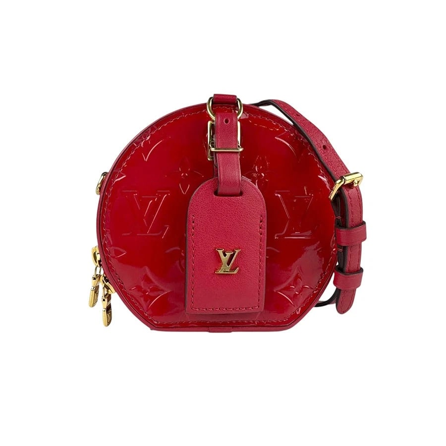 LOUIS VUITTON MONOGRAM VERNIS MINI BOITE CHAPEAU SHOULDER BAG: LOUIS VUITTON Monogram Vernis Mini Boite Chapeau Shoulder Bag Brand: LOUIS VUITTON Type: Shoulder Bag Material: Monogram Vernis Color: Rouge Size: W:3.9inx H:4.5inx D:2.4in Shoulder Length: 45.7in